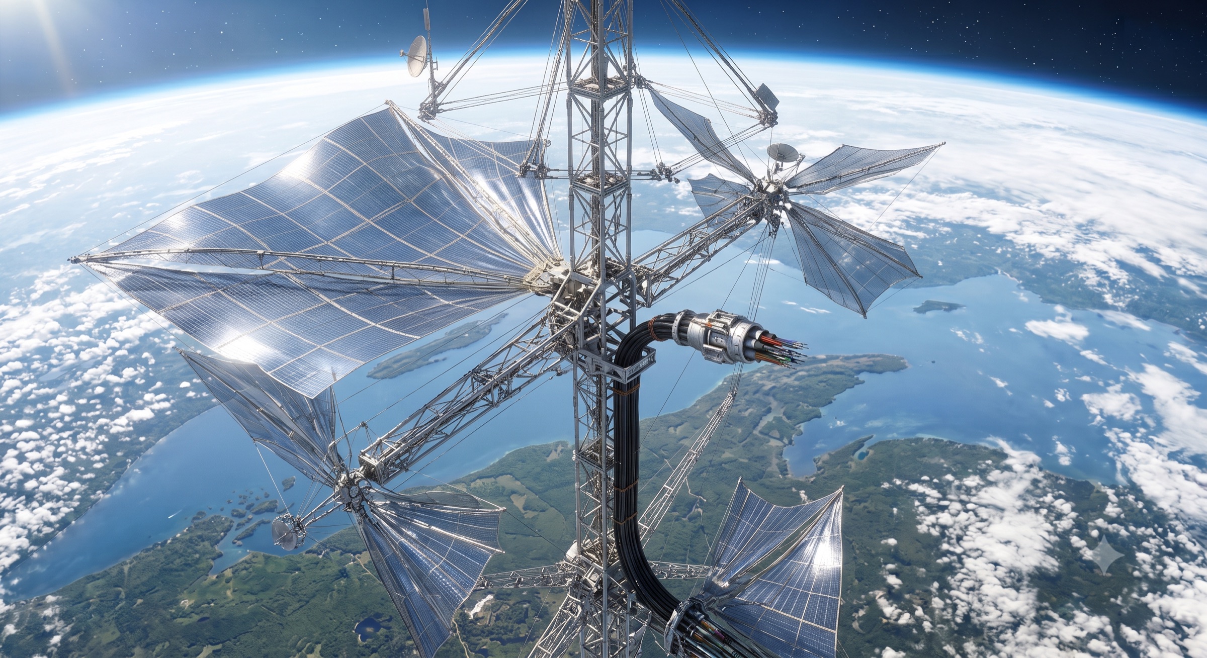 A Lithien Generator in low Earth orbit — solar arrays spread on a lattice mast, harness wires braiding into the central delivery cord above Earth